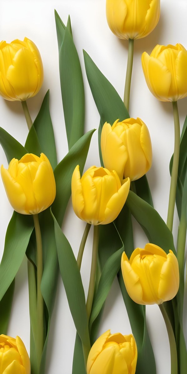 Yellow Tulips With Green Stems And Leaves Against 47 4335