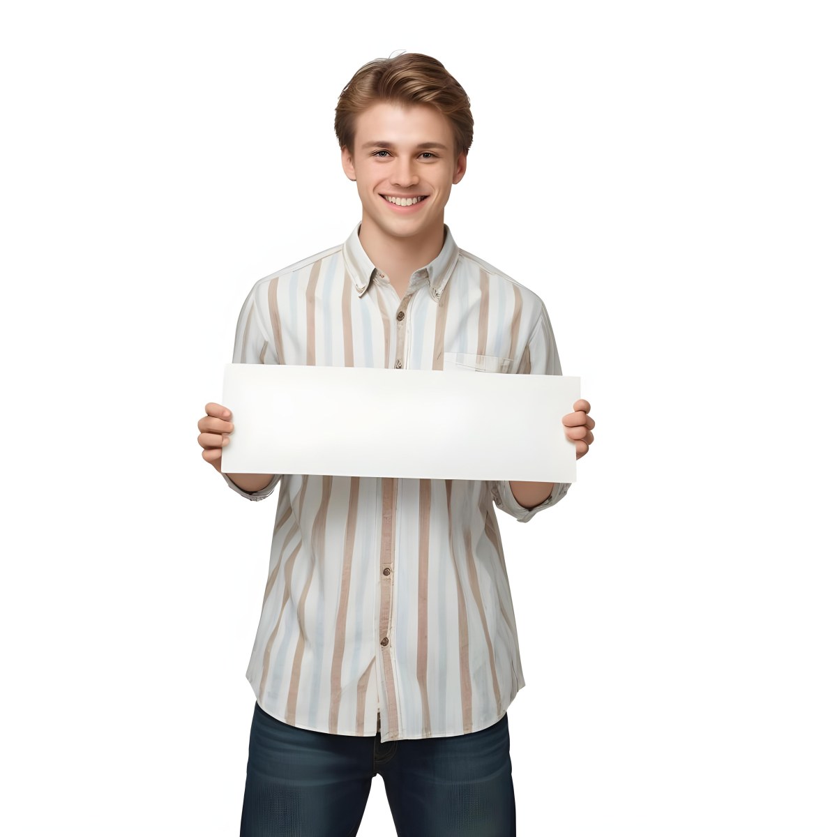 Young Caucasian Male Approximately 25 Years Old With Light Brown Hair Wearing A Striped Button Up Shirt And Dark Jeans Smiling While Holding A Blank White Sign In Front Of Him Against A Plain White Background 1 2785