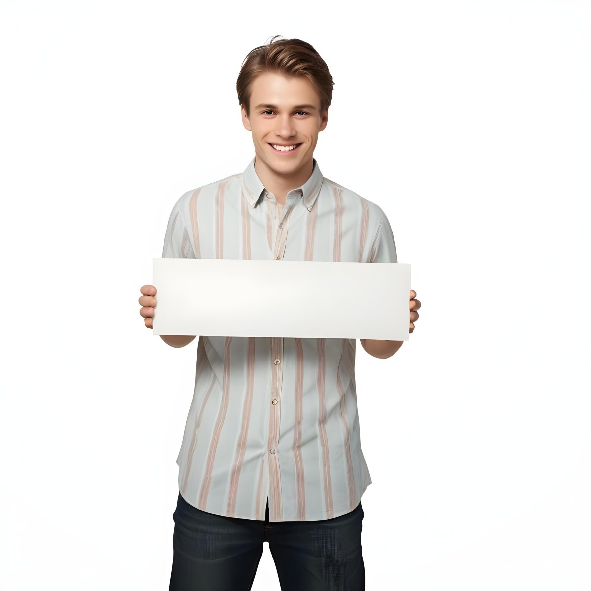 Young Caucasian Male Approximately 25 Years Old With Light Brown Hair Wearing A Striped Button Up Shirt And Dark Jeans Smiling While Holding A Blank White Sign In Front Of Him Against A Plain White Background 4 1656