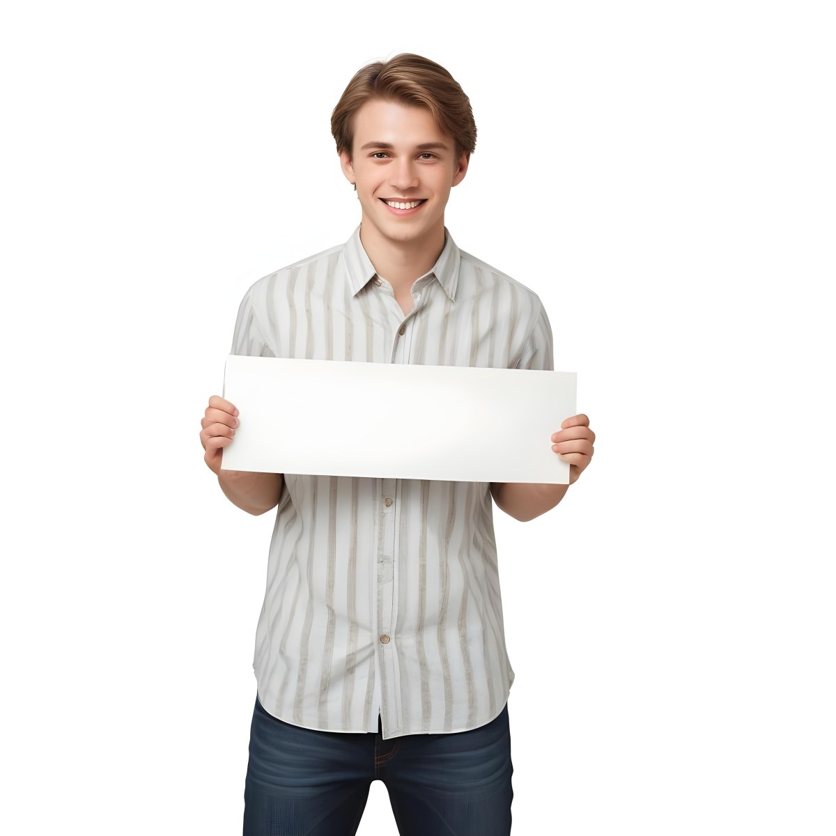 Young Caucasian Male Approximately 25 Years Old With Light Brown Hair Wearing A Striped Button Up Shirt And Dark Jeans Smiling While Holding A Blank White Sign In Front Of Him Against A Plain White Background 5 5b7e
