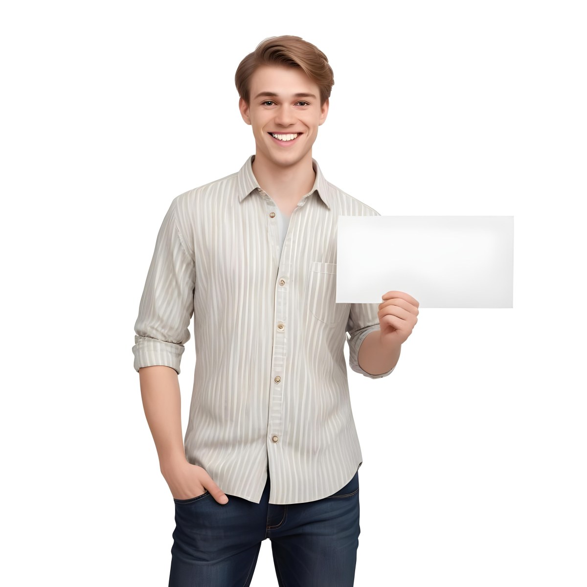 Young Caucasian Male Approximately 25 Years Old With Light Brown Hair Wearing A Striped Button Up Shirt And Dark Jeans Smiling While Holding A Blank White Sign In Front Of Him Against A Plain White Background 6 39b7