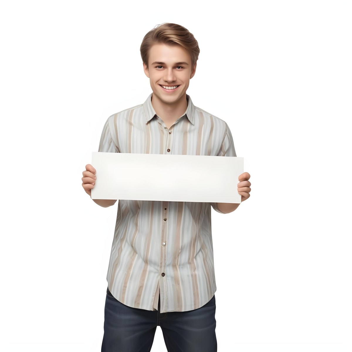 Young Caucasian Male Approximately 25 Years Old With Light Brown Hair Wearing A Striped Button Up Shirt And Dark Jeans Smiling While Holding A Blank White Sign In Front Of Him Against A Plain White Background 8 53d6