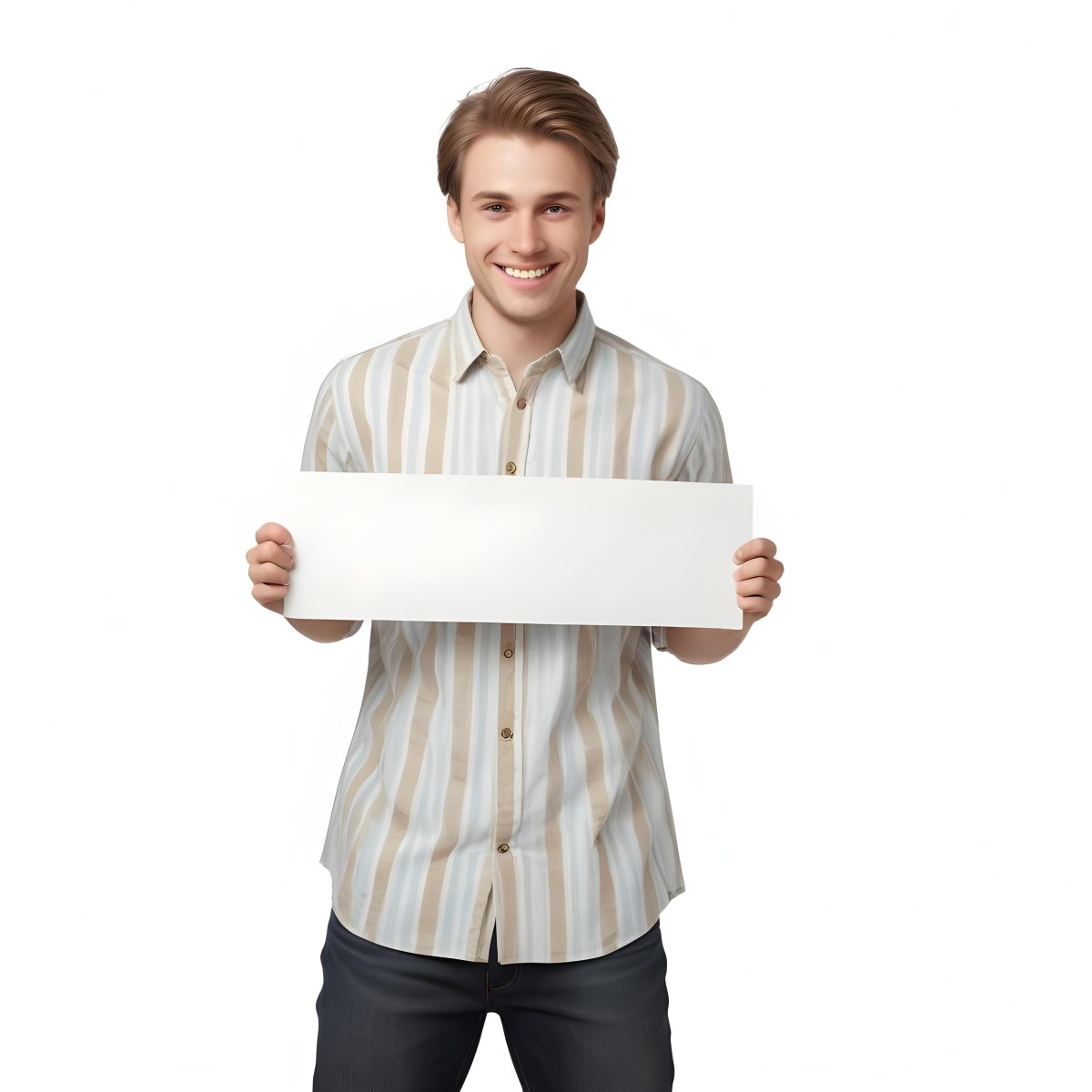 Young Caucasian Male Approximately 25 Years Old With Light Brown Hair Wearing A Striped Button Up Shirt And Dark Jeans Smiling While Holding A Blank White Sign In Front Of Him Against A Plain White Background 9 D37f