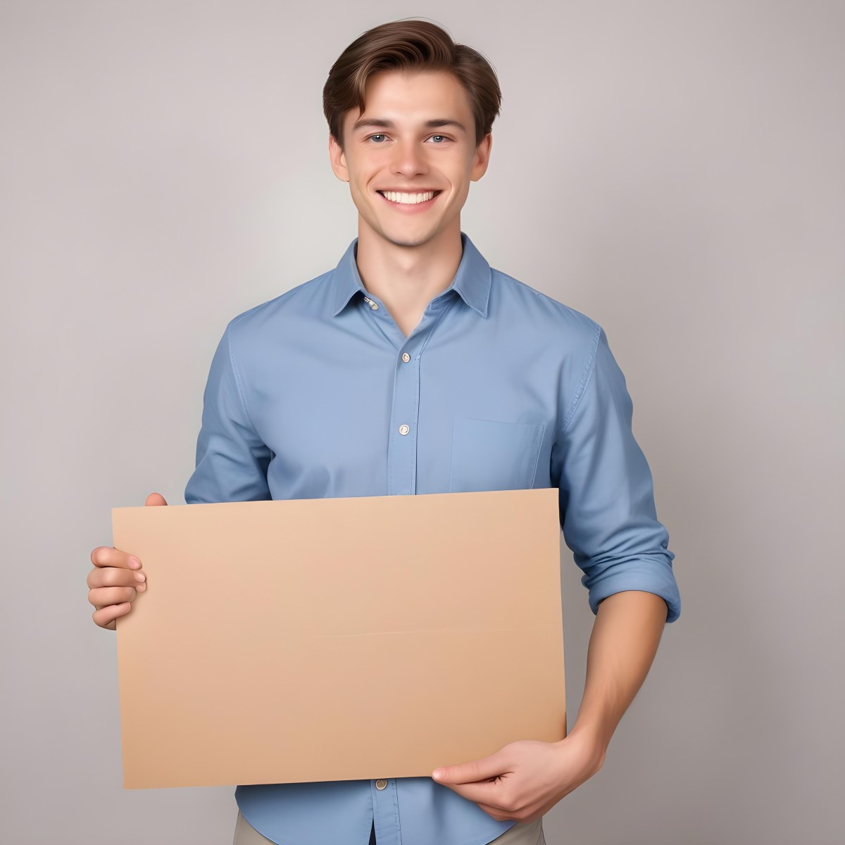 Young Caucasian Male Approximately 25 Years Old With Short Brown Hair Wearing A Blue Button Up Shirt And Light Gray Pants Smiling While Holding A Blank Gray Sign In His Left Hand The Background Is Plain White 3 7635