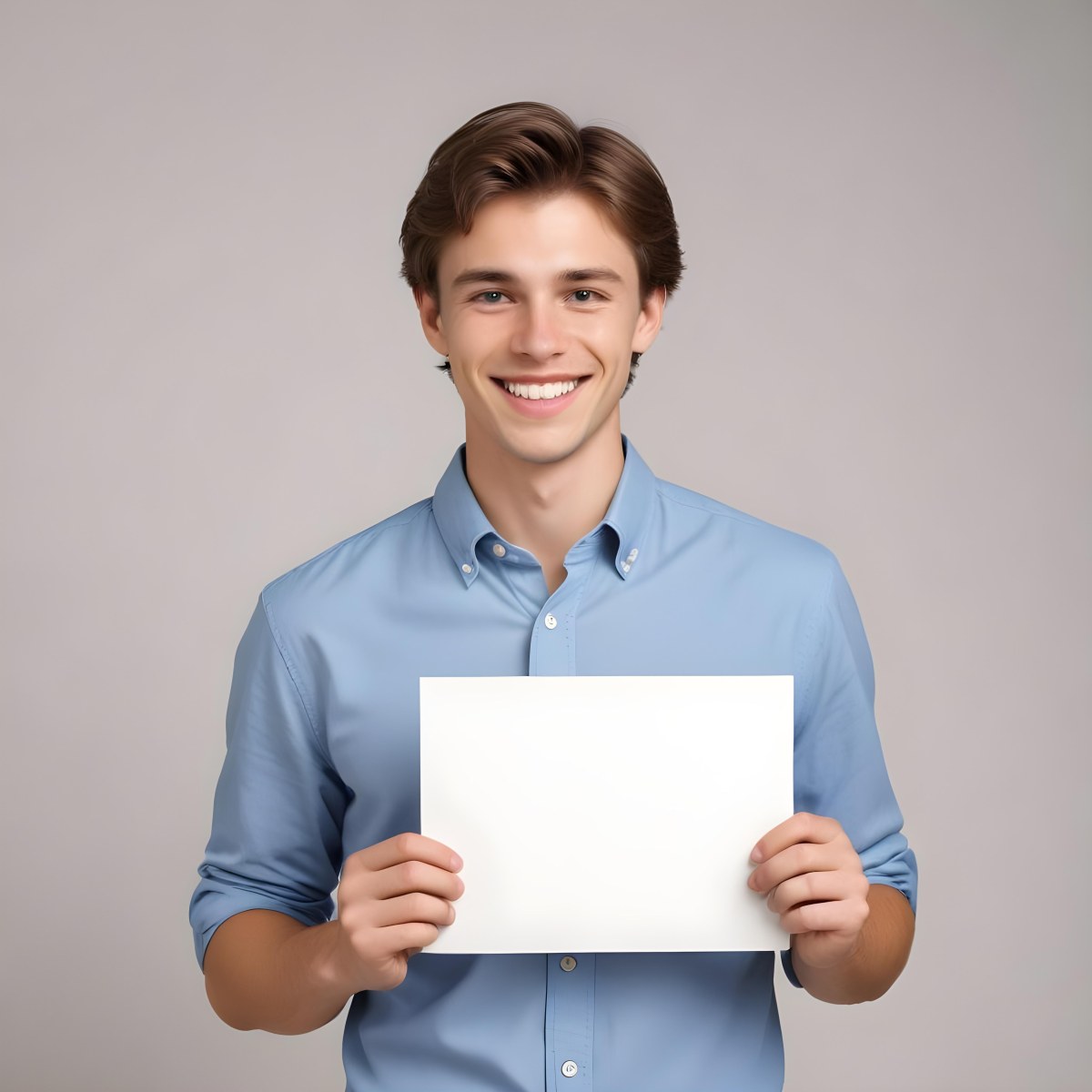 Young Caucasian Male Approximately 25 Years Old With Short Brown Hair Wearing A Blue Button Up Shirt And Light Gray Pants Smiling While Holding A Blank Gray Sign In His Left Hand The Background Is Plain White 5 6637