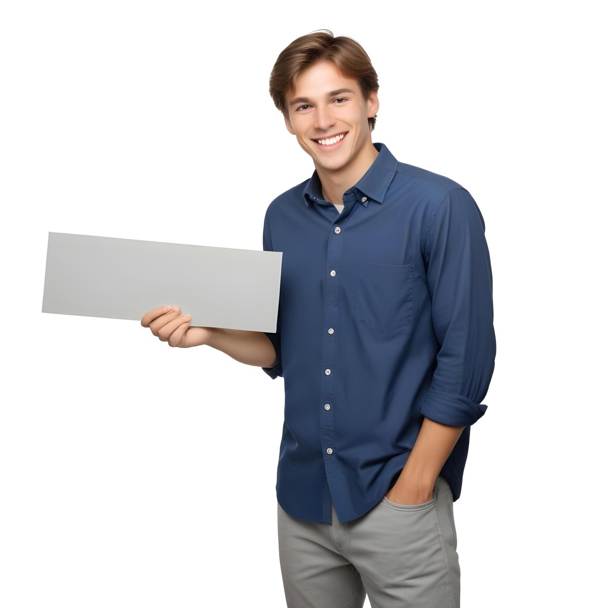Young Caucasian Male Approximately 25 Years Old With Short Brown Hair Wearing A Blue Button Up Shirt And Light Gray Pants Smiling While Holding A Blank Gray Sign In His Left Hand The Background Is Plain White 6 3984
