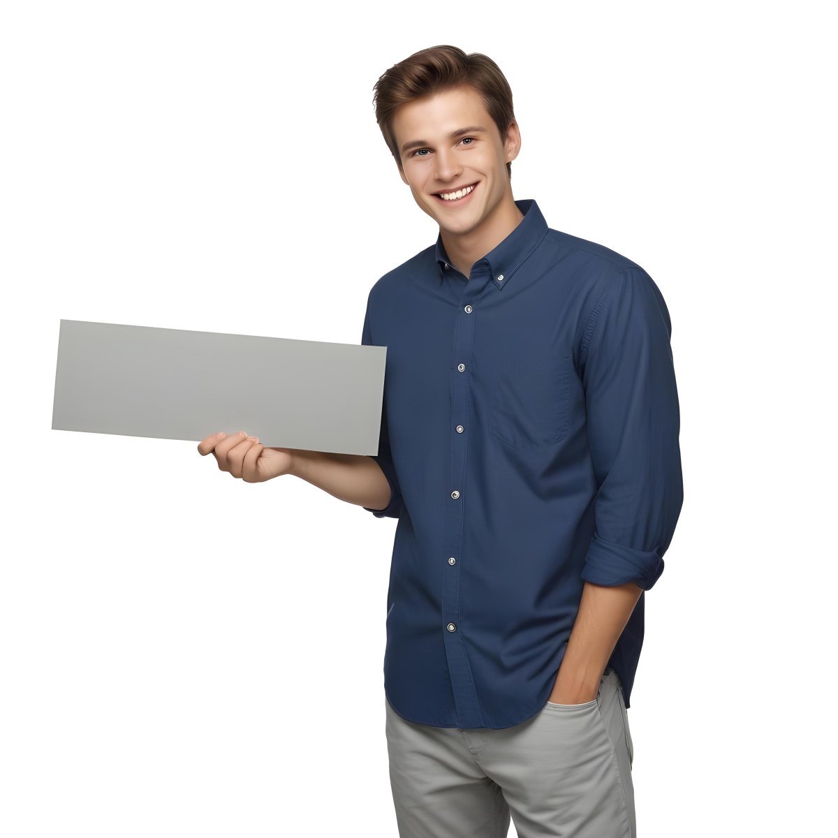 Young Caucasian Male Approximately 25 Years Old With Short Brown Hair Wearing A Blue Button Up Shirt And Light Gray Pants Smiling While Holding A Blank Gray Sign In His Left Hand The Background Is Plain White 7 B43e