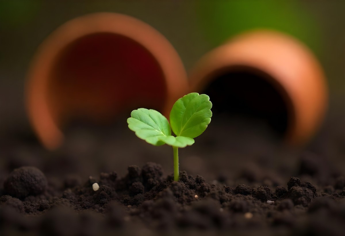 Young Green Plants Sprouting From Soil With A Broken Terracotta Pot In The Background 2 F468