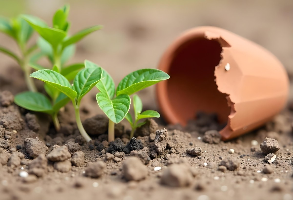 Young Green Plants Sprouting From Soil With A Broken Terracotta Pot In The Background 3 B1db