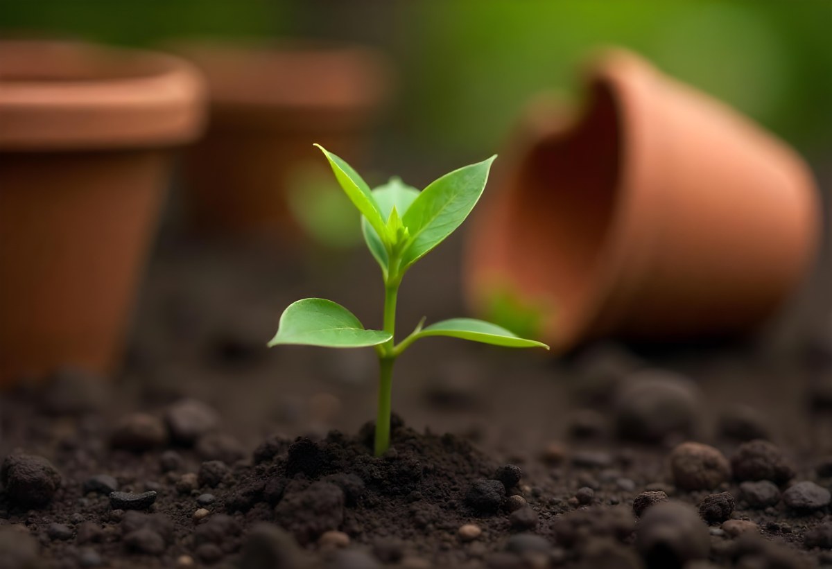 Young Green Plants Sprouting From Soil With A Broken Terracotta Pot In The Background 4 Ddf9