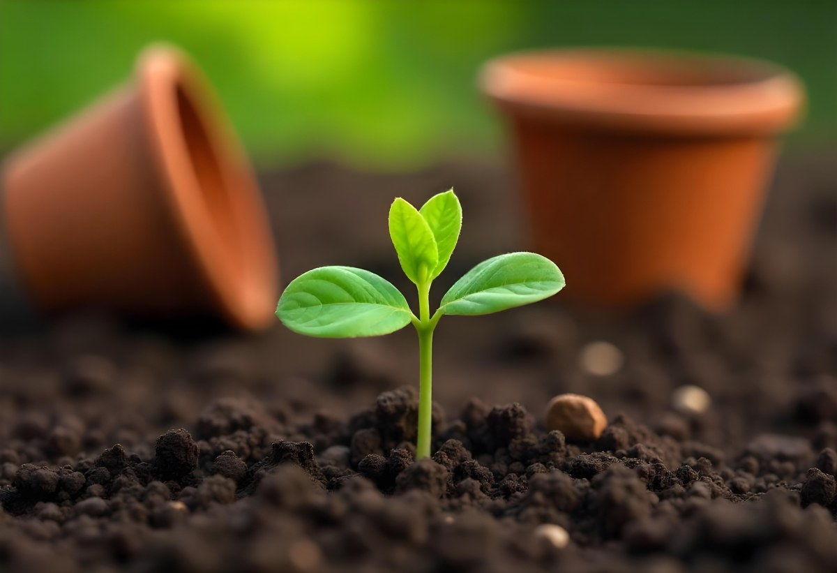 Young Green Plants Sprouting From Soil With A Broken Terracotta Pot In The Background 5 08d3