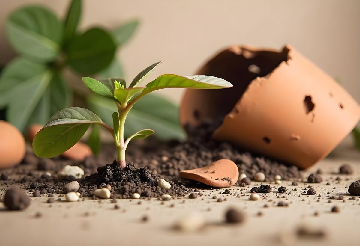 Young Green Plants Sprouting From Soil With A Broken Terracotta Pot In The Background 6 2c33
