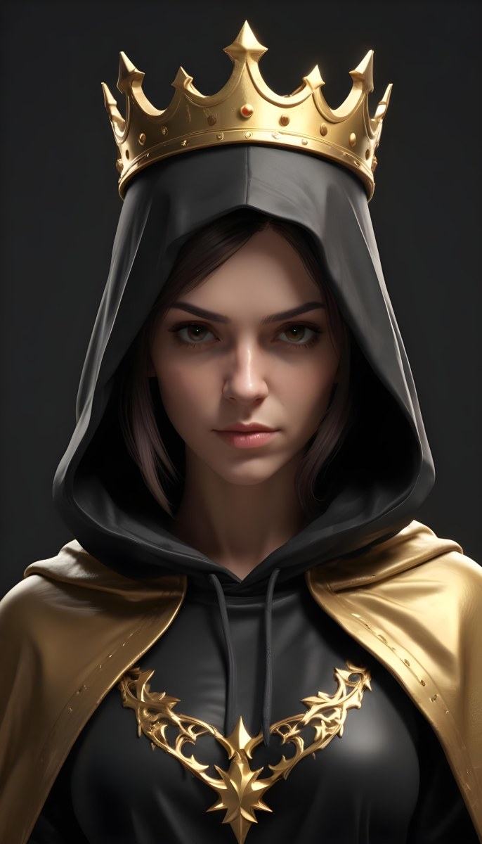 3d Model A Caucasian Woman 30 Years Old With A Black Hood And A Golden Crown Dark Background Figure Octane Render Volumetric Highly Detailed Videogame Aesthetic 14 D378