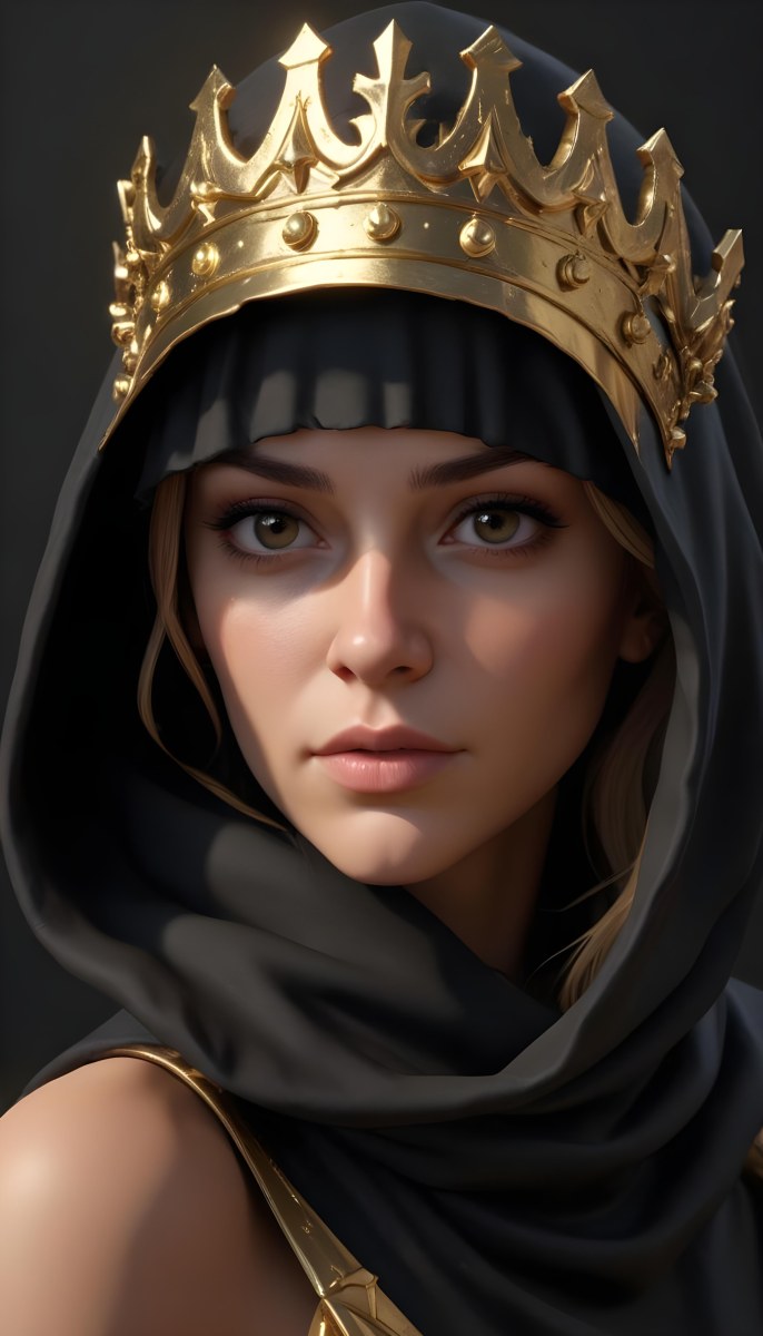 3d Model A Caucasian Woman 30 Years Old With A Black Hood And A Golden Crown Dark Background Figure Octane Render Volumetric Highly Detailed Videogame Aesthetic 18 E8c7