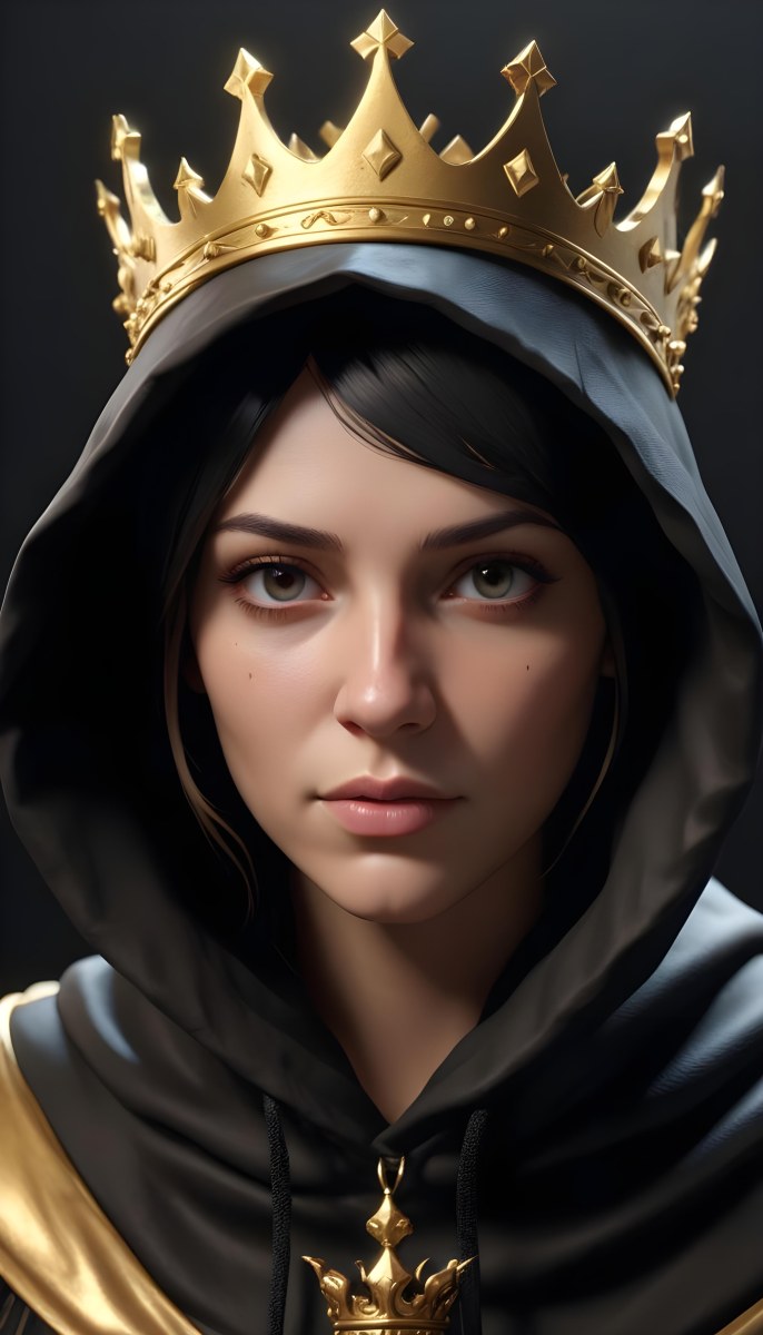 3d Model A Caucasian Woman 30 Years Old With A Black Hood And A Golden Crown Dark Background Figure Octane Render Volumetric Highly Detailed Videogame Aesthetic 2 41bb