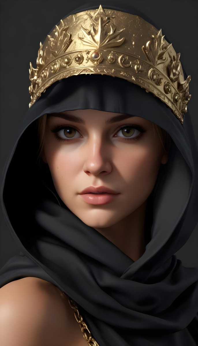3d Model A Caucasian Woman 30 Years Old With A Black Hood And A Golden Crown Dark Background Figure Octane Render Volumetric Highly Detailed Videogame Aesthetic 23 407f