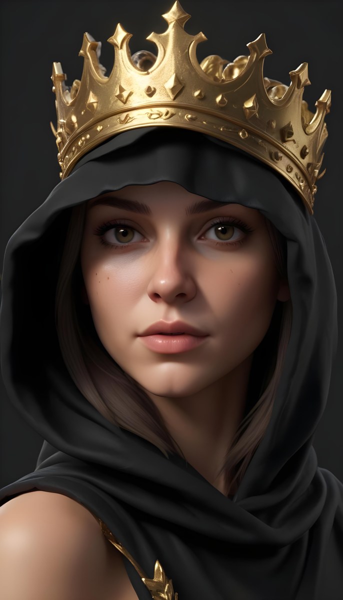 3d Model A Caucasian Woman 30 Years Old With A Black Hood And A Golden Crown Dark Background Figure Octane Render Volumetric Highly Detailed Videogame Aesthetic 27 Ae20