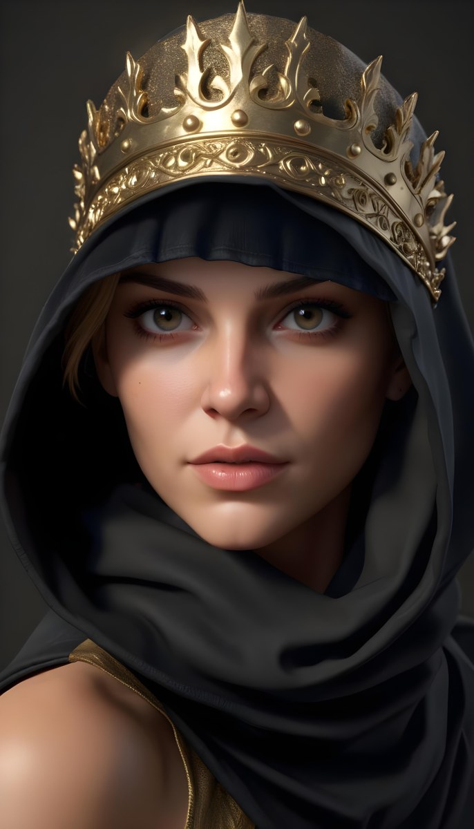 3d Model A Caucasian Woman 30 Years Old With A Black Hood And A Golden Crown Dark Background Figure Octane Render Volumetric Highly Detailed Videogame Aesthetic 30 Cab6