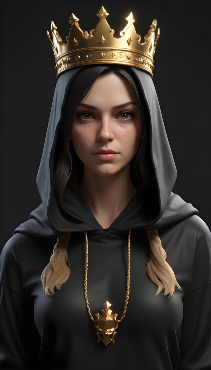 3d Model A Caucasian Woman 30 Years Old With A Black Hood And A Golden Crown Dark Background Figure Octane Render Volumetric Highly Detailed Videogame Aesthetic 34 58fd