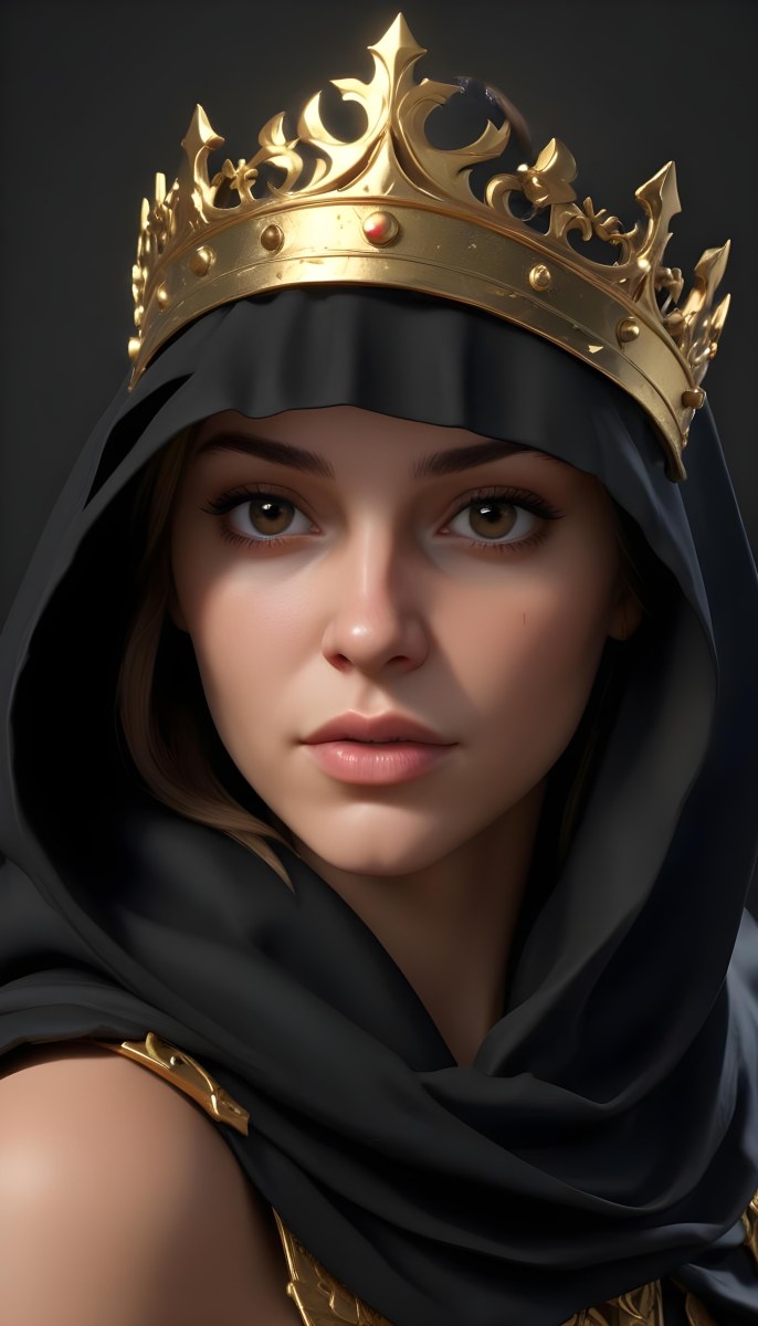 3d Model A Caucasian Woman 30 Years Old With A Black Hood And A Golden Crown Dark Background Figure Octane Render Volumetric Highly Detailed Videogame Aesthetic 35 E430