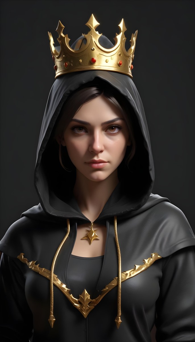 3d Model A Caucasian Woman 30 Years Old With A Black Hood And A Golden Crown Dark Background Figure Octane Render Volumetric Highly Detailed Videogame Aesthetic 36 C0bd