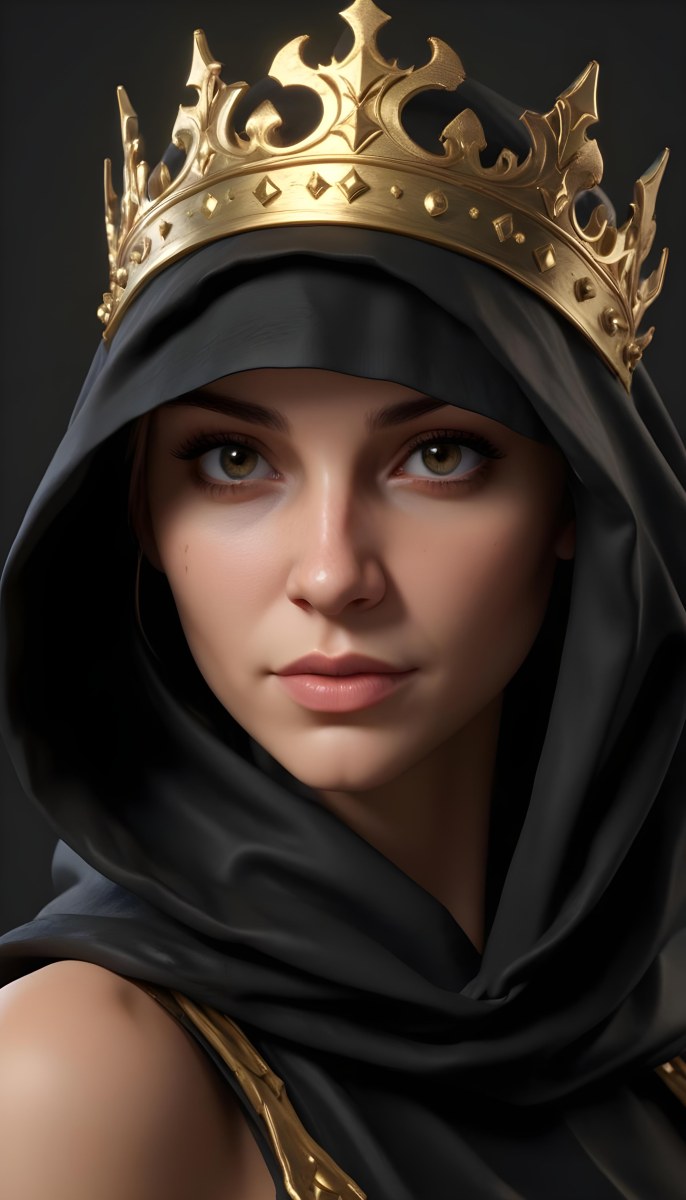 3d Model A Caucasian Woman 30 Years Old With A Black Hood And A Golden Crown Dark Background Figure Octane Render Volumetric Highly Detailed Videogame Aesthetic 37 Ff3f