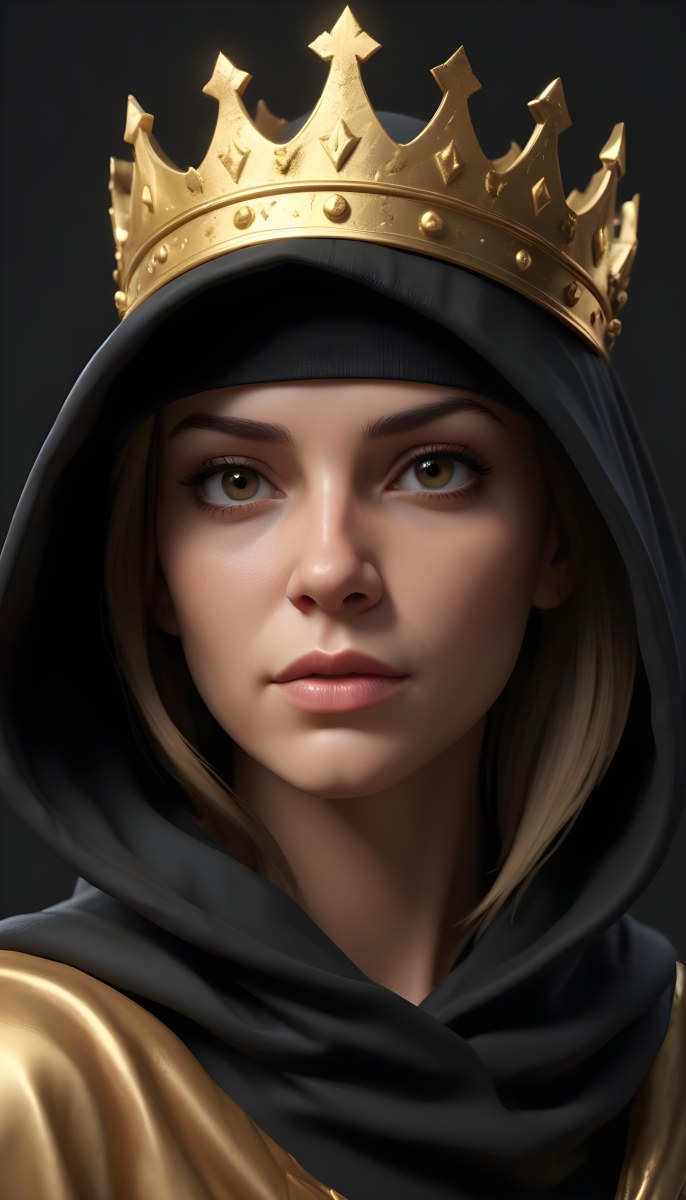 3d Model A Caucasian Woman 30 Years Old With A Black Hood And A Golden Crown Dark Background Figure Octane Render Volumetric Highly Detailed Videogame Aesthetic 38 1d36