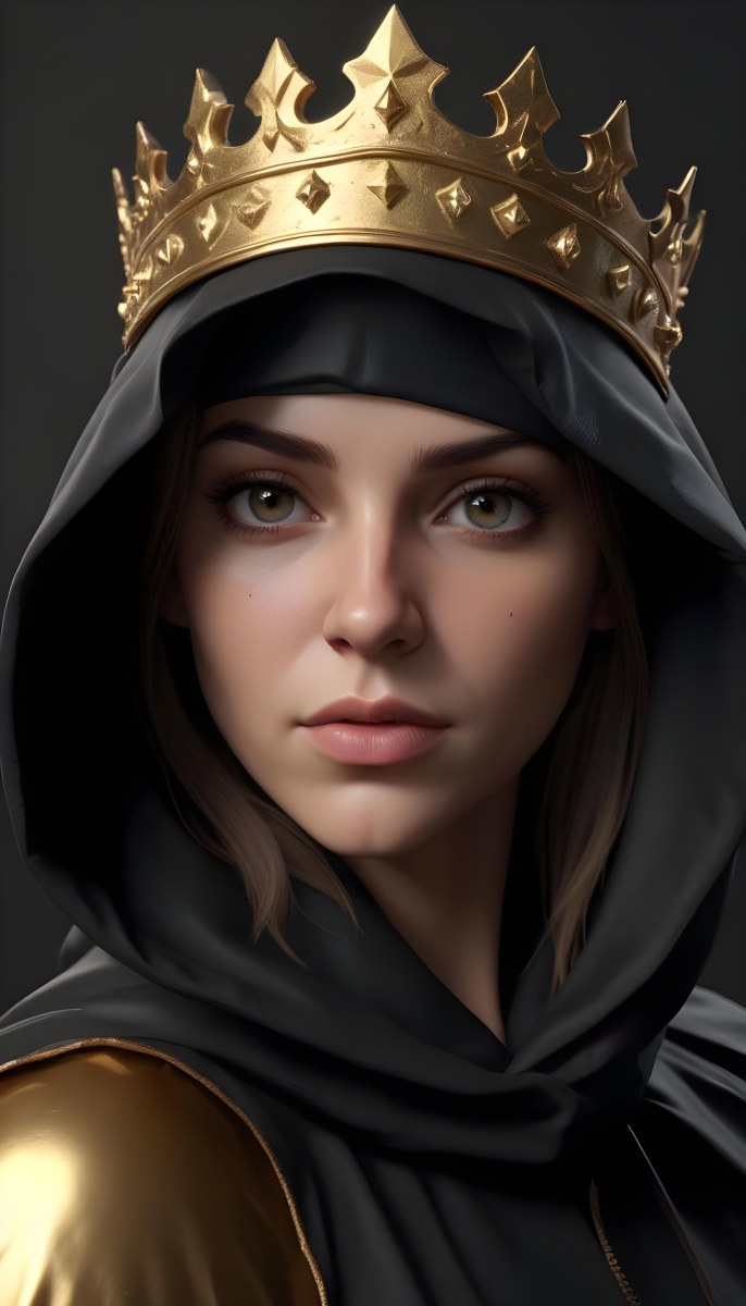 3d Model A Caucasian Woman 30 Years Old With A Black Hood And A Golden Crown Dark Background Figure Octane Render Volumetric Highly Detailed Videogame Aesthetic 39 D4e3