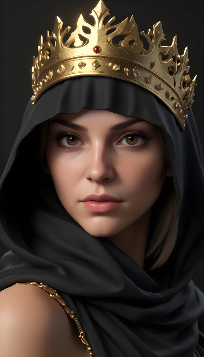 3d Model A Caucasian Woman 30 Years Old With A Black Hood And A Golden Crown Dark Background Figure Octane Render Volumetric Highly Detailed Videogame Aesthetic 4 B735