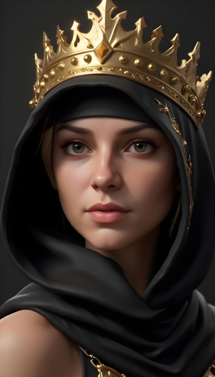 3d Model A Caucasian Woman 30 Years Old With A Black Hood And A Golden Crown Dark Background Figure Octane Render Volumetric Highly Detailed Videogame Aesthetic 40 A448