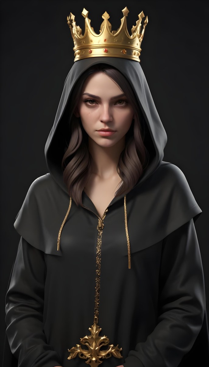 3d Model A Caucasian Woman 30 Years Old With A Black Hood And A Golden Crown Dark Background Figure Octane Render Volumetric Highly Detailed Videogame Aesthetic 5 62c8