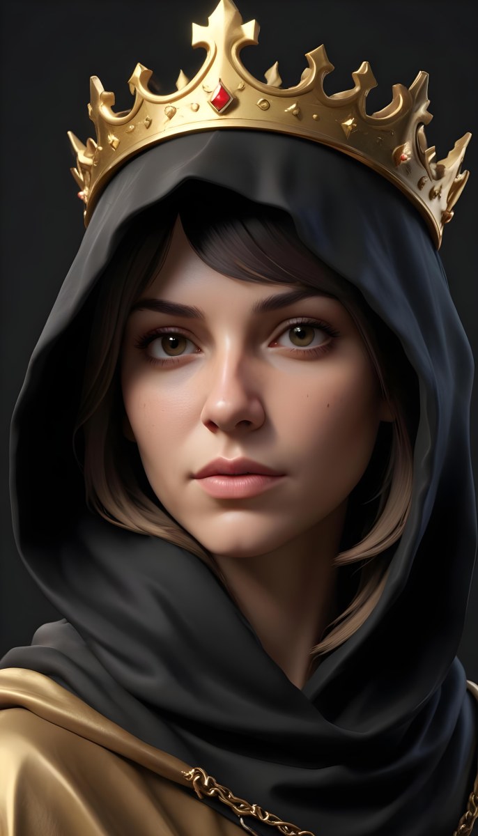3d Model A Caucasian Woman 30 Years Old With A Black Hood And A Golden Crown Dark Background Figure Octane Render Volumetric Highly Detailed Videogame Aesthetic 6 132b