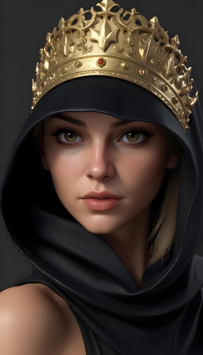 3d Model A Caucasian Woman 30 Years Old With A Black Hood And A Golden Crown Dark Background Figure Octane Render Volumetric Highly Detailed Videogame Aesthetic 8 30fc