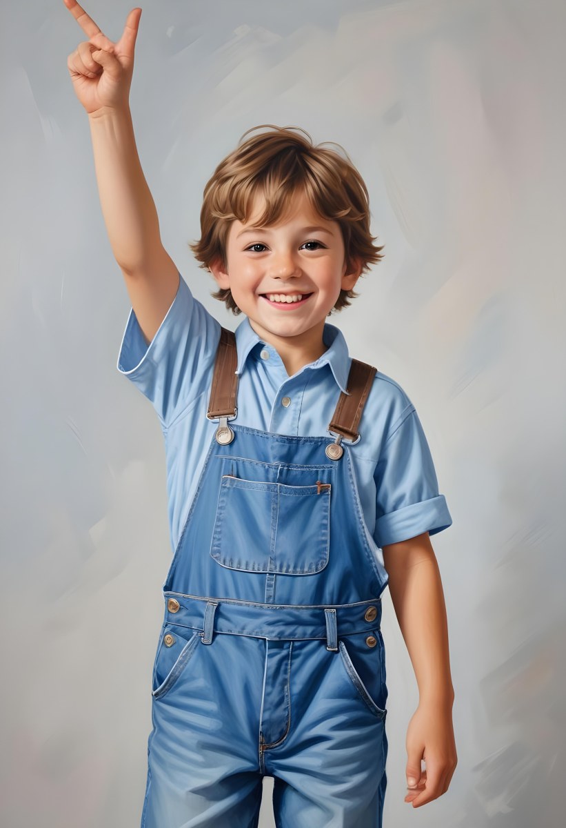 3d Model A Young Boy With Light Brown Hair And Big Brown Eyes Wearing A Light Blue Shirt And Denim Overalls He Is Smiling And Waving With His Right Hand Standing In A Cheerful Pose The Background Is Plain White Fi 19 5025