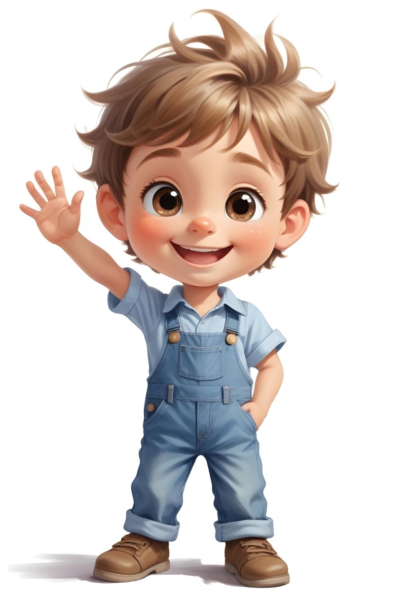 3d Model A Young Boy With Light Brown Hair And Big Brown Eyes Wearing A Light Blue Shirt And Denim Overalls He Is Smiling And Waving With His Right Hand Standing In A Cheerful Pose The Background Is Plain White Fi 20 0bdb