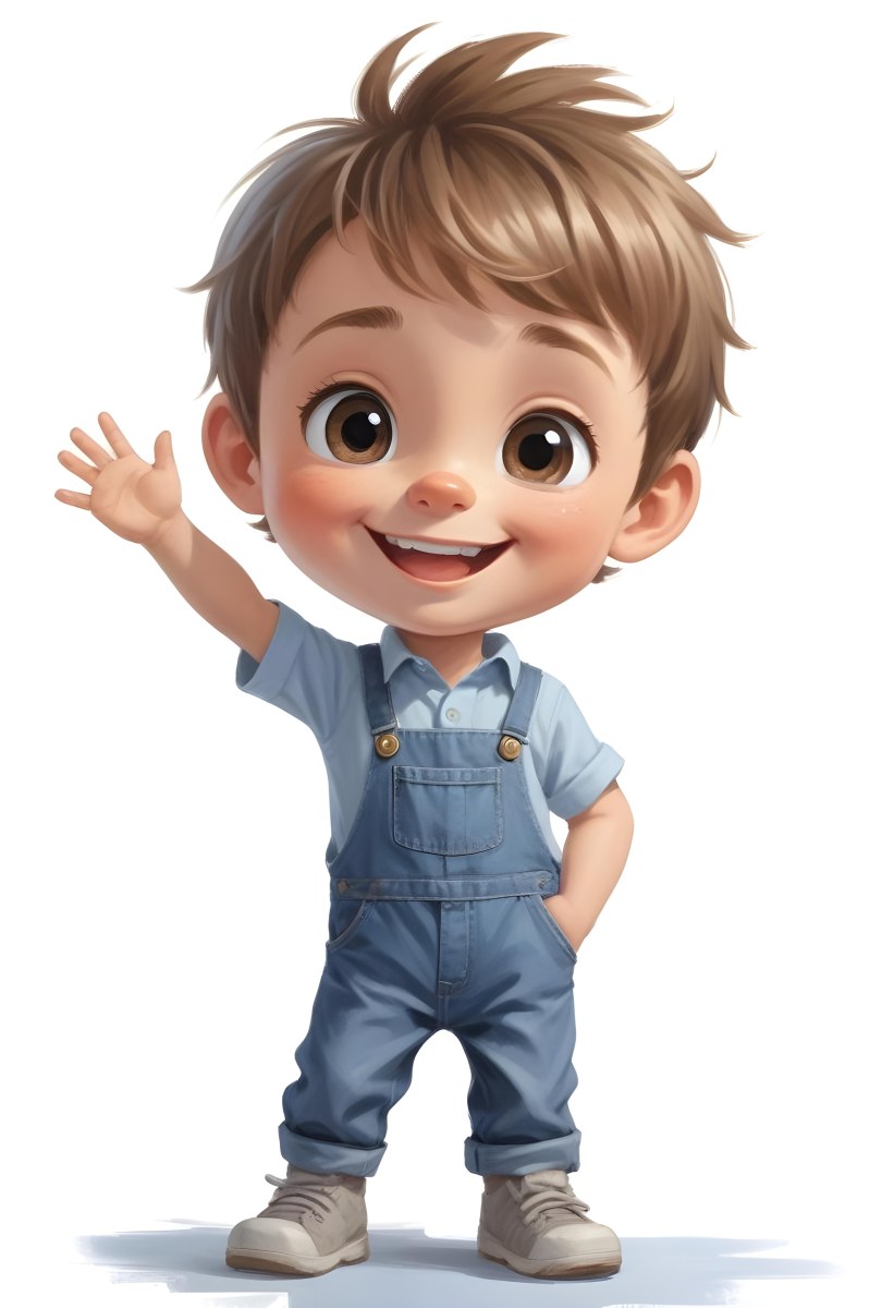 3d Model A Young Boy With Light Brown Hair And Big Brown Eyes Wearing A Light Blue Shirt And Denim Overalls He Is Smiling And Waving With His Right Hand Standing In A Cheerful Pose The Background Is Plain White Fi 31 614c