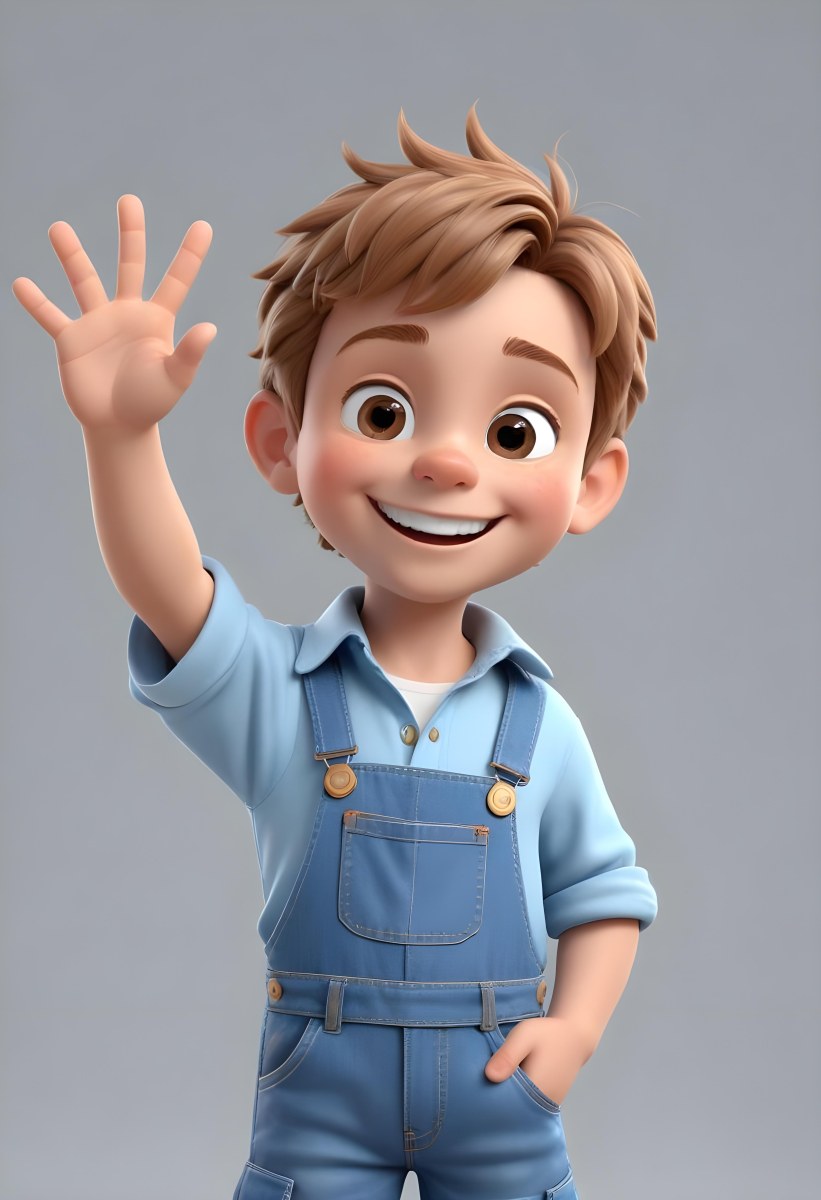 3d Model A Young Boy With Light Brown Hair And Big Brown Eyes Wearing A Light Blue Shirt And Denim Overalls He Is Smiling And Waving With His Right Hand Standing In A Cheerful Pose The Background Is Plain White Fi 4 7035