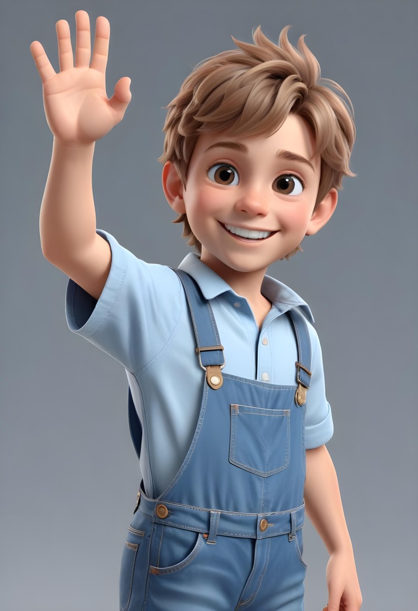 3d Model A Young Boy With Light Brown Hair And Big Brown Eyes Wearing A Light Blue Shirt And Denim Overalls He Is Smiling And Waving With His Right Hand Standing In A Cheerful Pose The Background Is Plain White Fi 42 Ca81