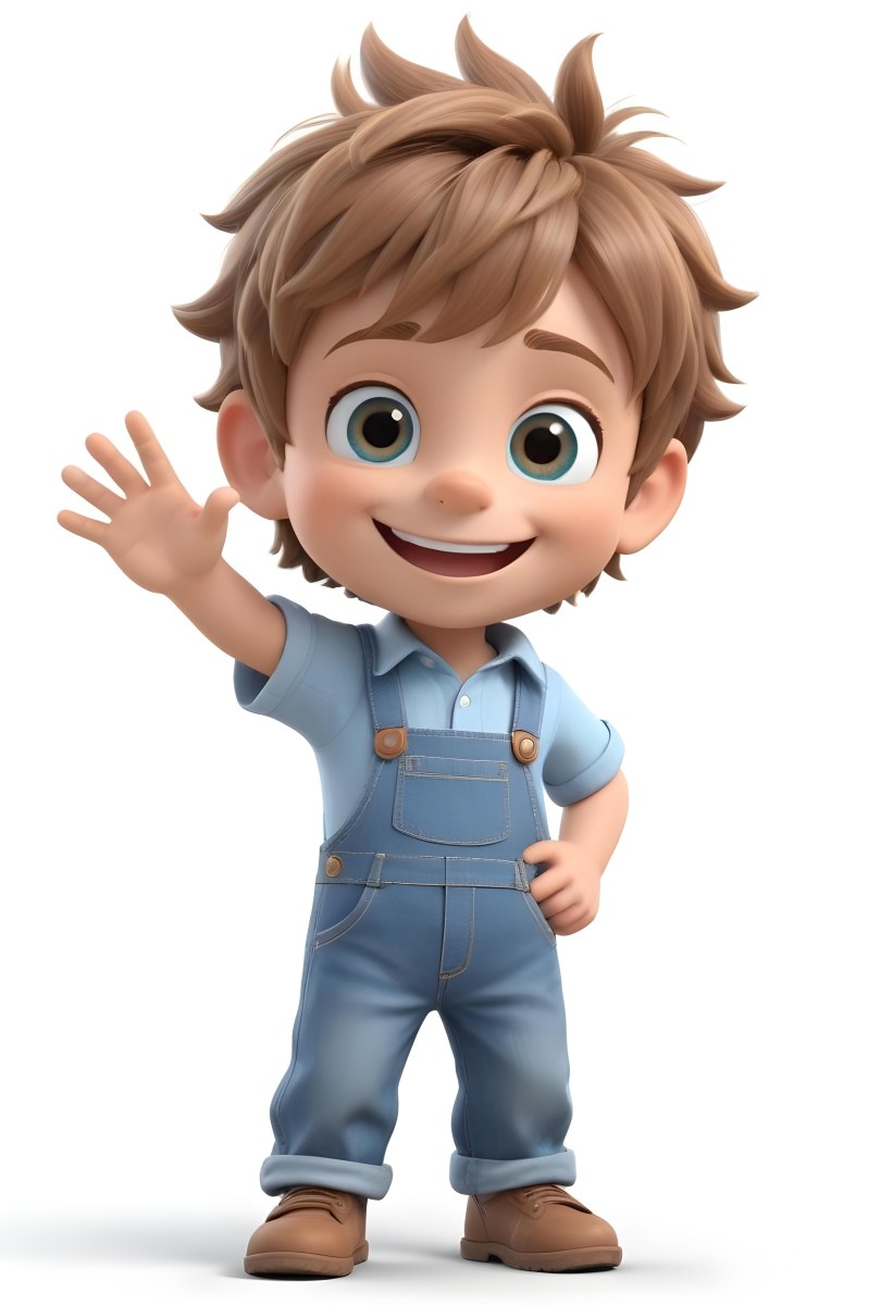 3d Model A Young Boy With Light Brown Hair And Big Brown Eyes Wearing A Light Blue Shirt And Denim Overalls He Is Smiling And Waving With His Right Hand Standing In A Cheerful Pose The Background Is Plain White Fi 43 8436