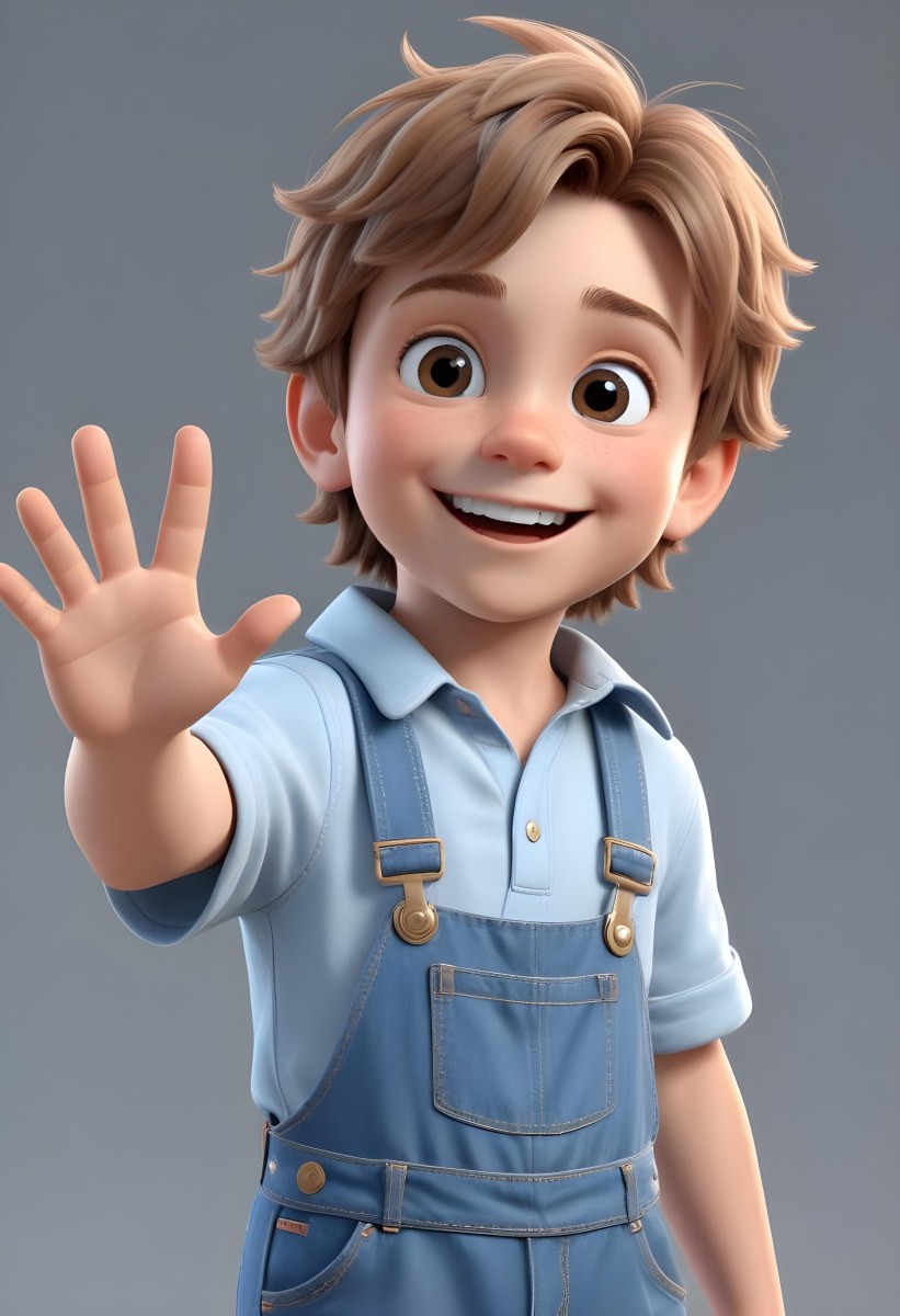 3d Model A Young Boy With Light Brown Hair And Big Brown Eyes Wearing A Light Blue Shirt And Denim Overalls He Is Smiling And Waving With His Right Hand Standing In A Cheerful Pose The Background Is Plain White Fi 44 865c