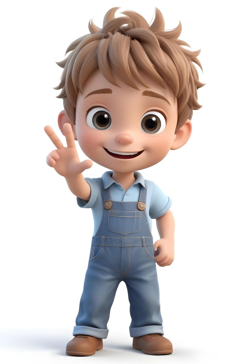 3d Model A Young Boy With Light Brown Hair And Big Brown Eyes Wearing A Light Blue Shirt And Denim Overalls He Is Smiling And Waving With His Right Hand Standing In A Cheerful Pose The Background Is Plain White Fi 45 2724