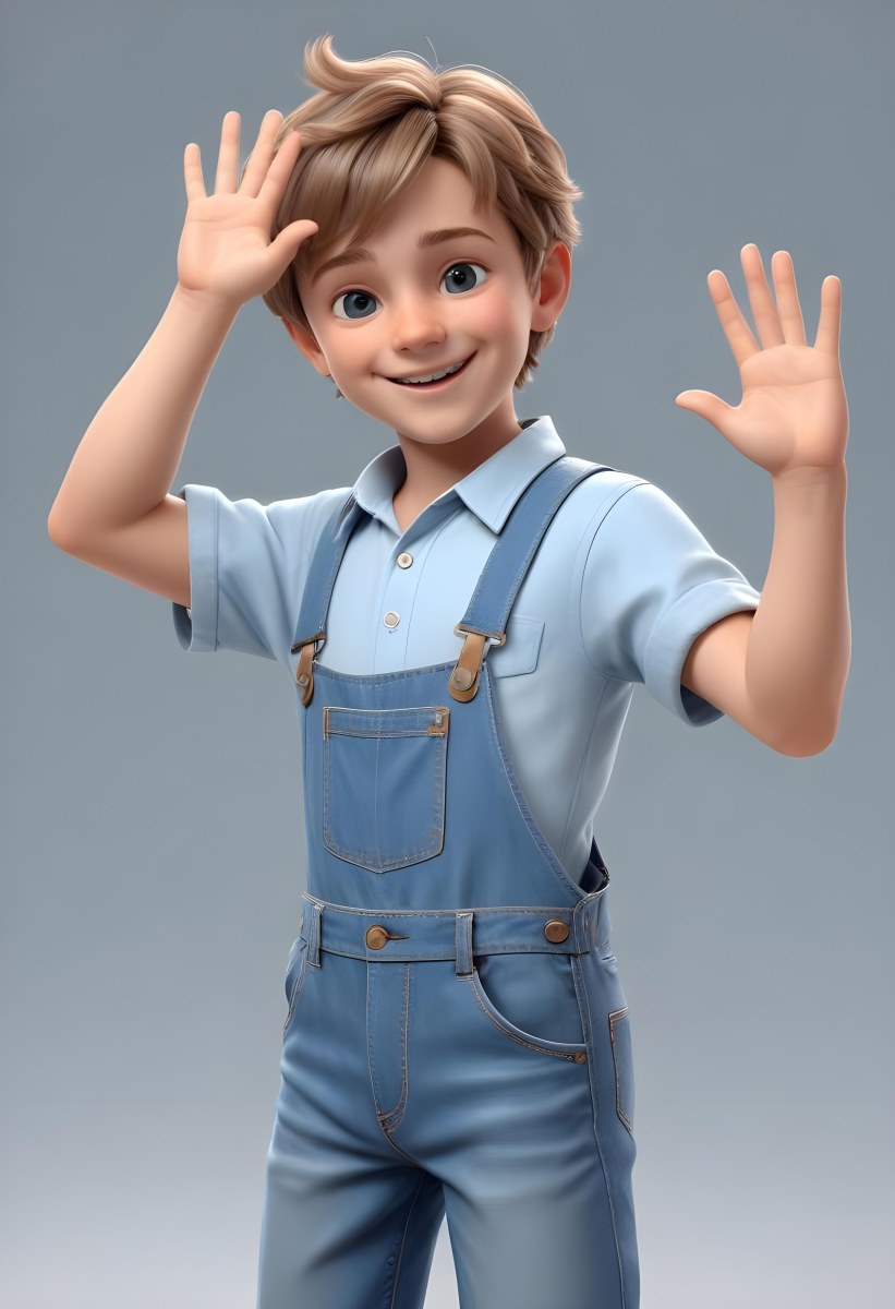 3d Model A Young Boy With Light Brown Hair And Big Brown Eyes Wearing A Light Blue Shirt And Denim Overalls He Is Smiling And Waving With His Right Hand Standing In A Cheerful Pose The Background Is Plain White Fi 46 5916