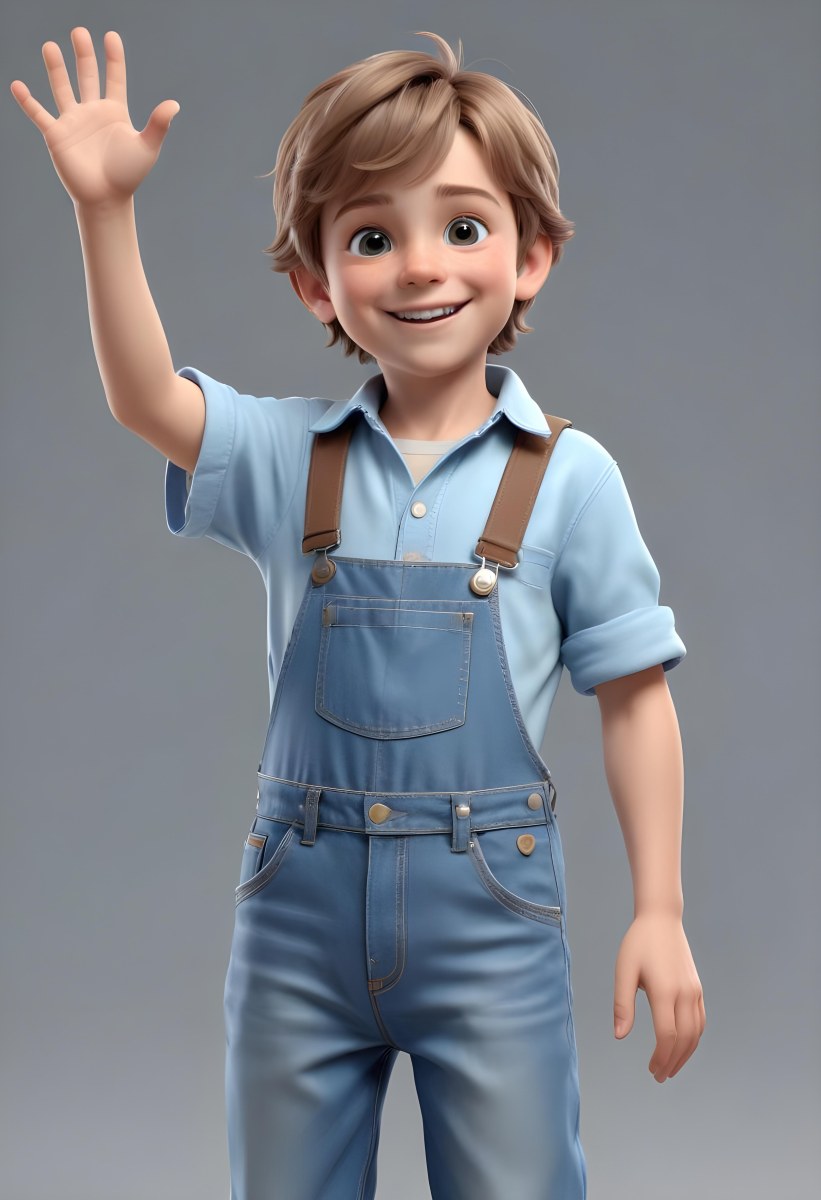 3d Model A Young Boy With Light Brown Hair And Big Brown Eyes Wearing A Light Blue Shirt And Denim Overalls He Is Smiling And Waving With His Right Hand Standing In A Cheerful Pose The Background Is Plain White Fi 47 Ea09