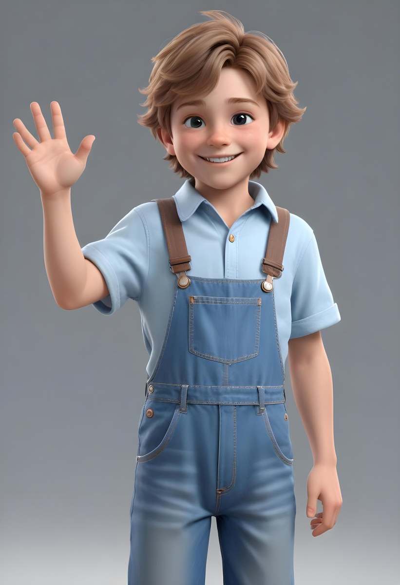 3d Model A Young Boy With Light Brown Hair And Big Brown Eyes Wearing A Light Blue Shirt And Denim Overalls He Is Smiling And Waving With His Right Hand Standing In A Cheerful Pose The Background Is Plain White Fi 49 92d7