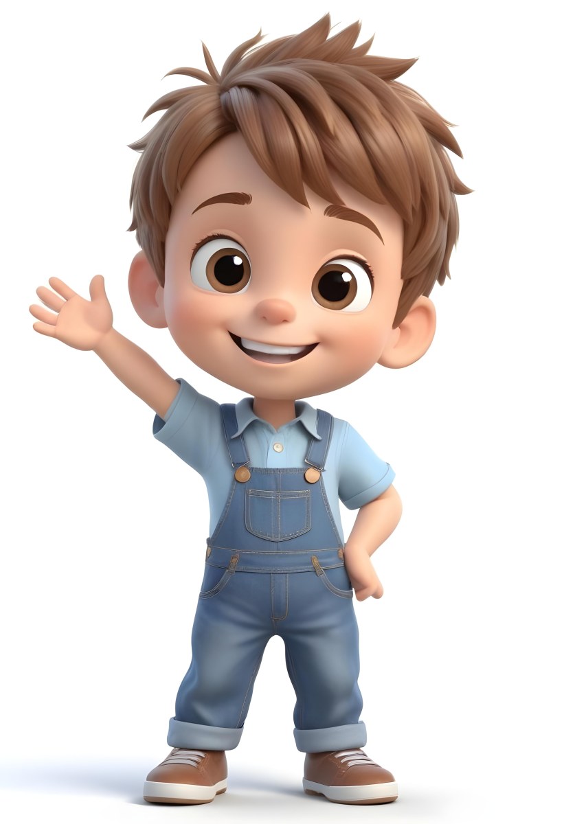 3d Model A Young Boy With Light Brown Hair And Big Brown Eyes Wearing A Light Blue Shirt And Denim Overalls He Is Smiling And Waving With His Right Hand Standing In A Cheerful Pose The Background Is Plain White Fi 6 Ea23