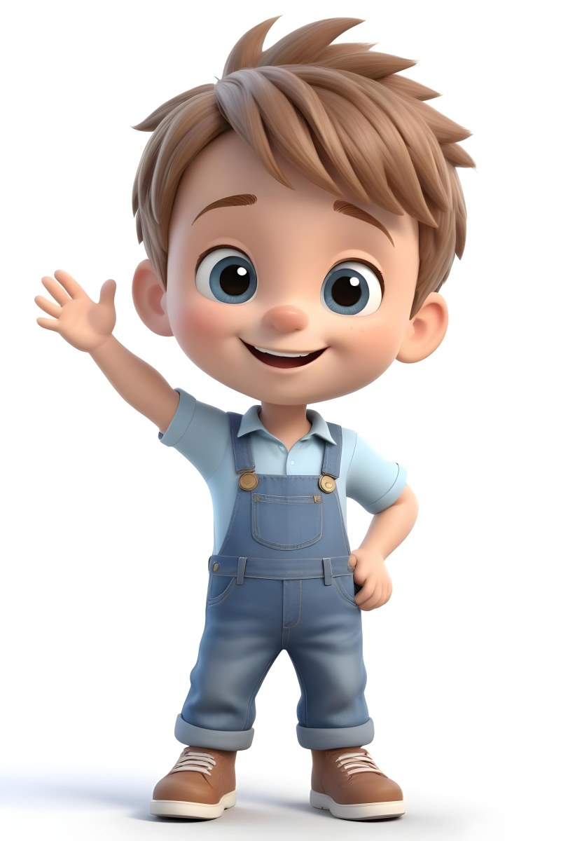 3d Model A Young Boy With Light Brown Hair And Big Brown Eyes Wearing A Light Blue Shirt And Denim Overalls He Is Smiling And Waving With His Right Hand Standing In A Cheerful Pose The Background Is Plain White Fi 8 9108