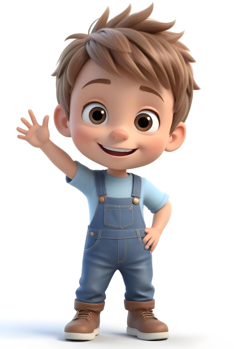 3d Model A Young Boy With Light Brown Hair And Big Brown Eyes Wearing A Light Blue Shirt And Denim Overalls He Is Smiling And Waving With His Right Hand Standing In A Cheerful Pose The Background Is Plain White Fi 9 Dc6a