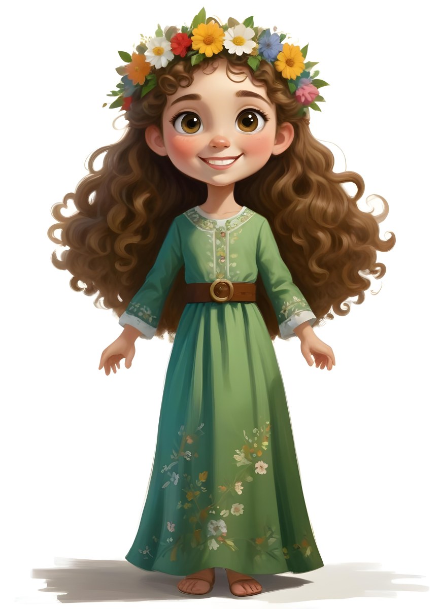3d Model A Young Girl With Long Curly Brown Hair Adorned With A Floral Crown She Has Large Expressive Brown Eyes And A Cheerful Smile She Is Wearing A Long Green Dress With A White Belt And Floral Patterns Along The 32 1ce3