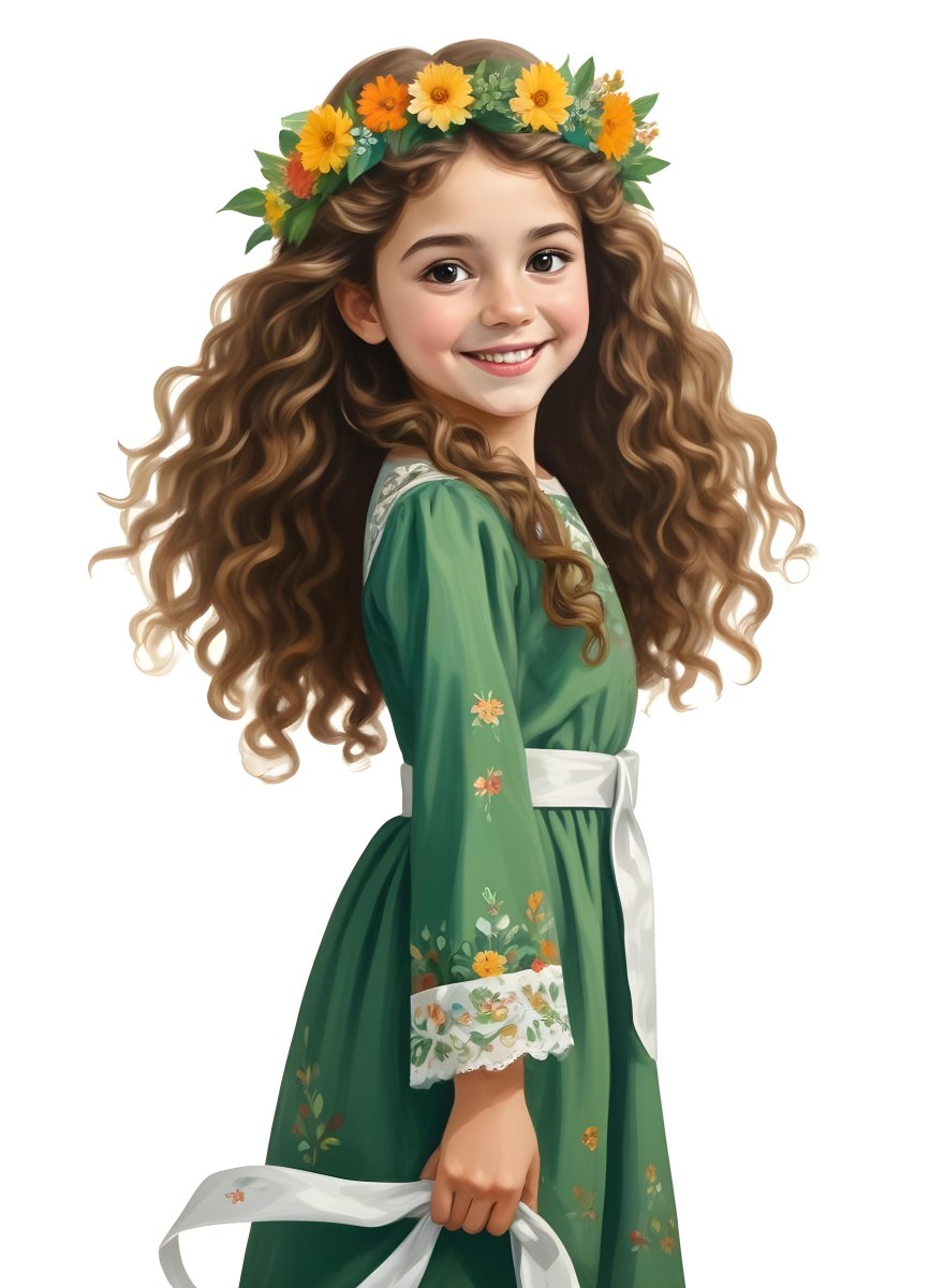 3d Model A Young Girl With Long Curly Brown Hair Adorned With A Floral Crown She Has Large Expressive Brown Eyes And A Cheerful Smile She Is Wearing A Long Green Dress With A White Belt And Floral Patterns Along The 34 E36c
