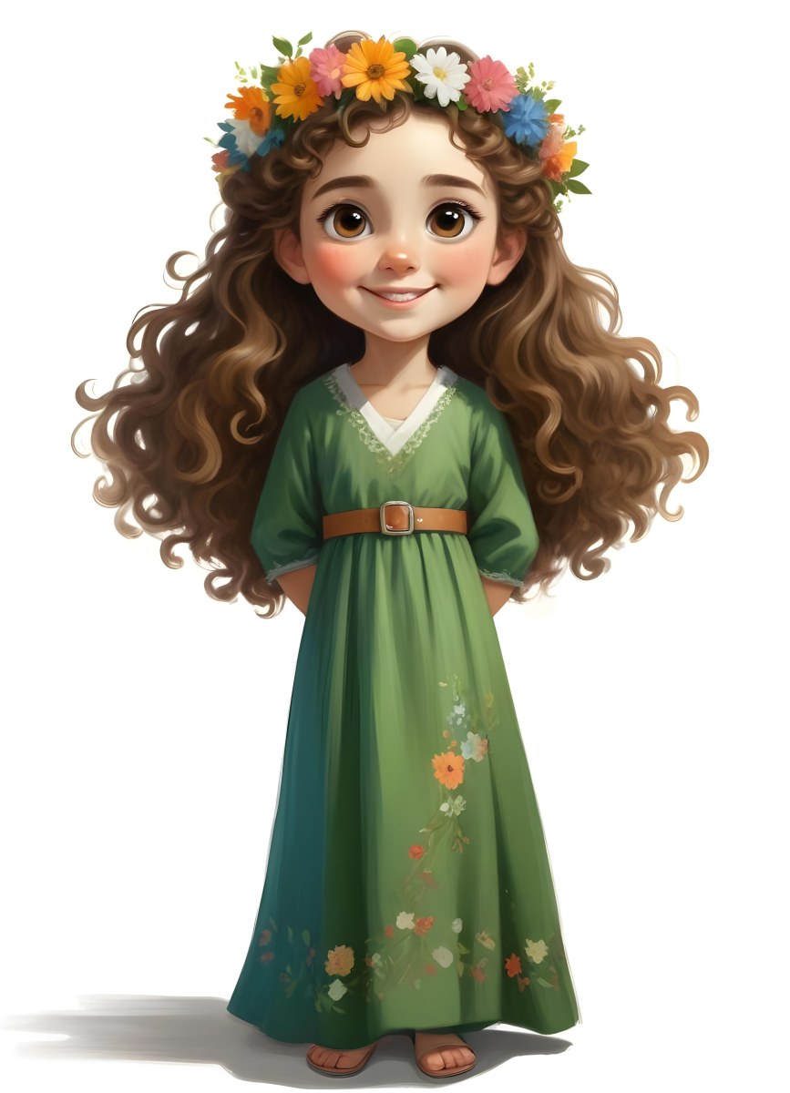 3d Model A Young Girl With Long Curly Brown Hair Adorned With A Floral Crown She Has Large Expressive Brown Eyes And A Cheerful Smile She Is Wearing A Long Green Dress With A White Belt And Floral Patterns Along The 41 E719